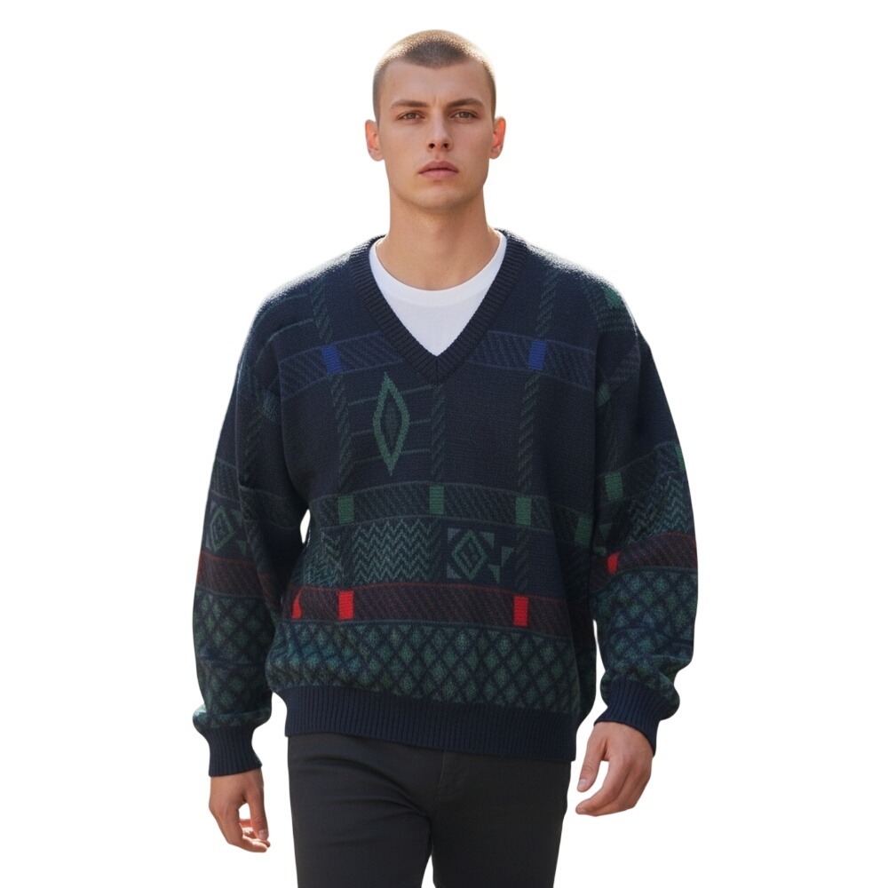 Vintage 80s Geometric Wool Sweater Made‎ in West Germany Size XL GrandpaCore
